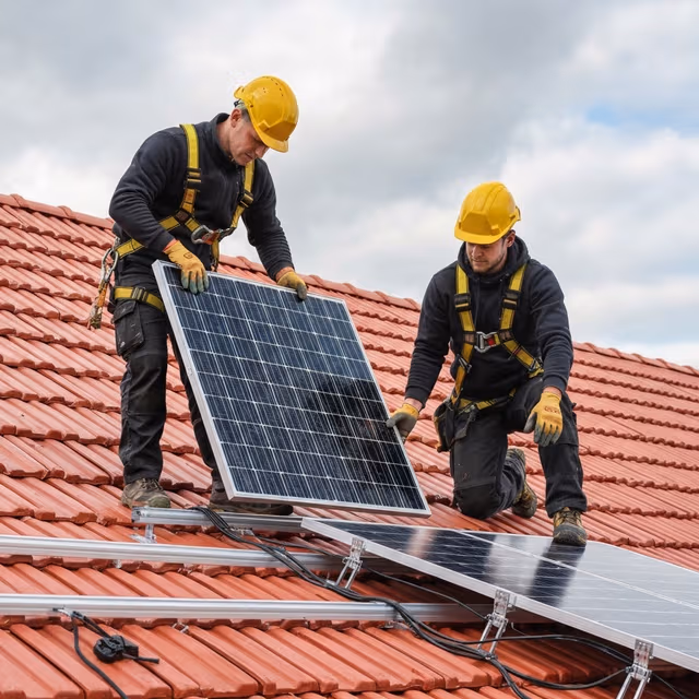 Zwei Solarmodulmonteure bei der Arbeit auf einem Dach